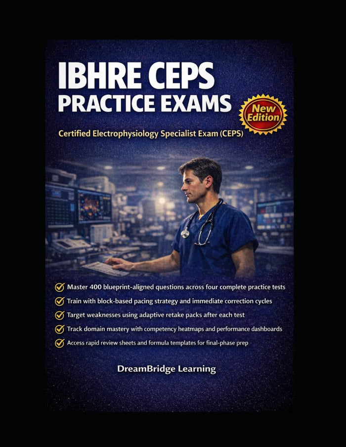 IBHRE CEPS Practice Exams and Crash Course: Four Full-Length Teaching Tests with Adaptive Retakes, Domain Mastery Tracking, and Rapid Review for Certified Electrophysiology Specialist Exam Success