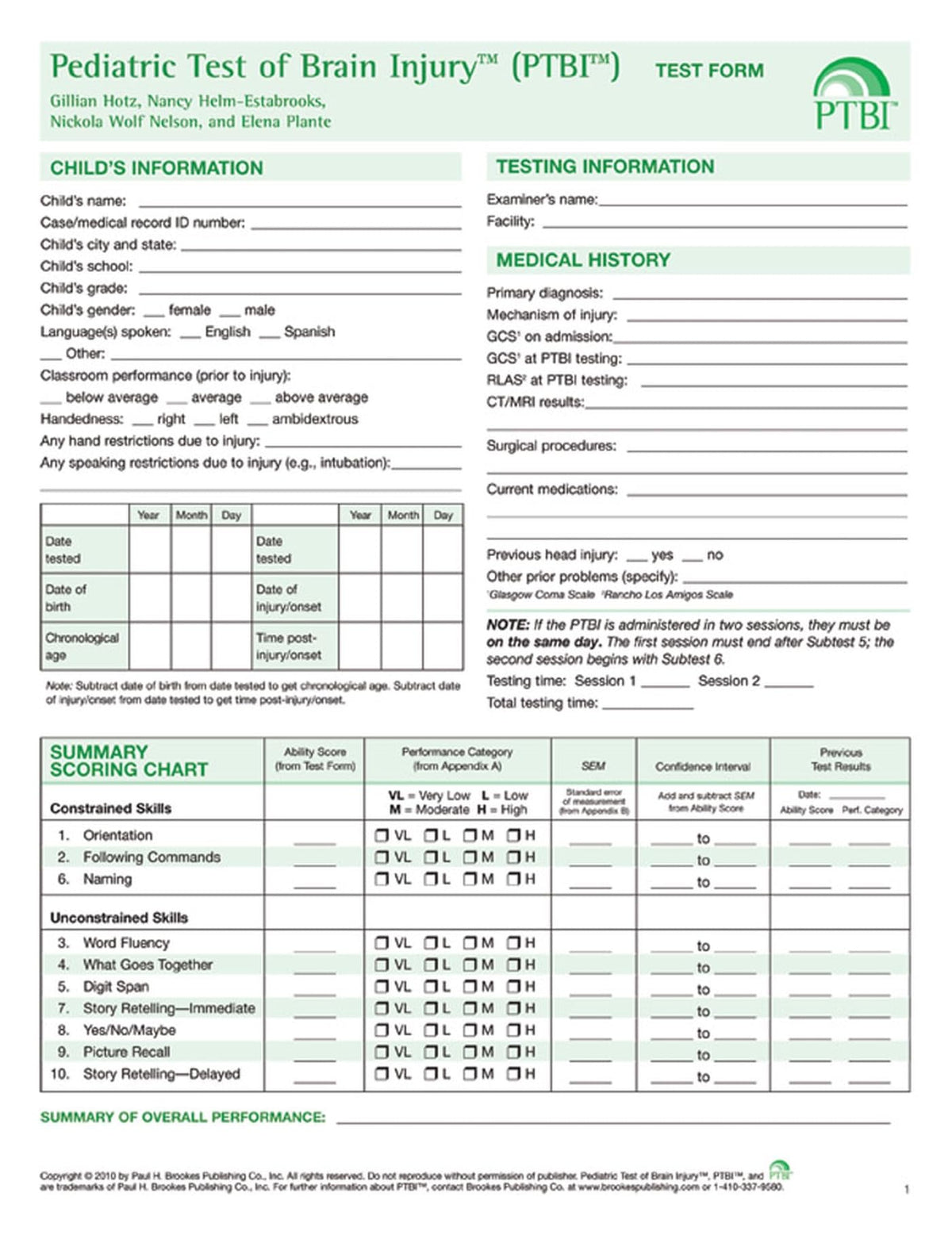 Pediatric Test of Brain Injury™ (PTBI™ ) Test Form: 1st Edition