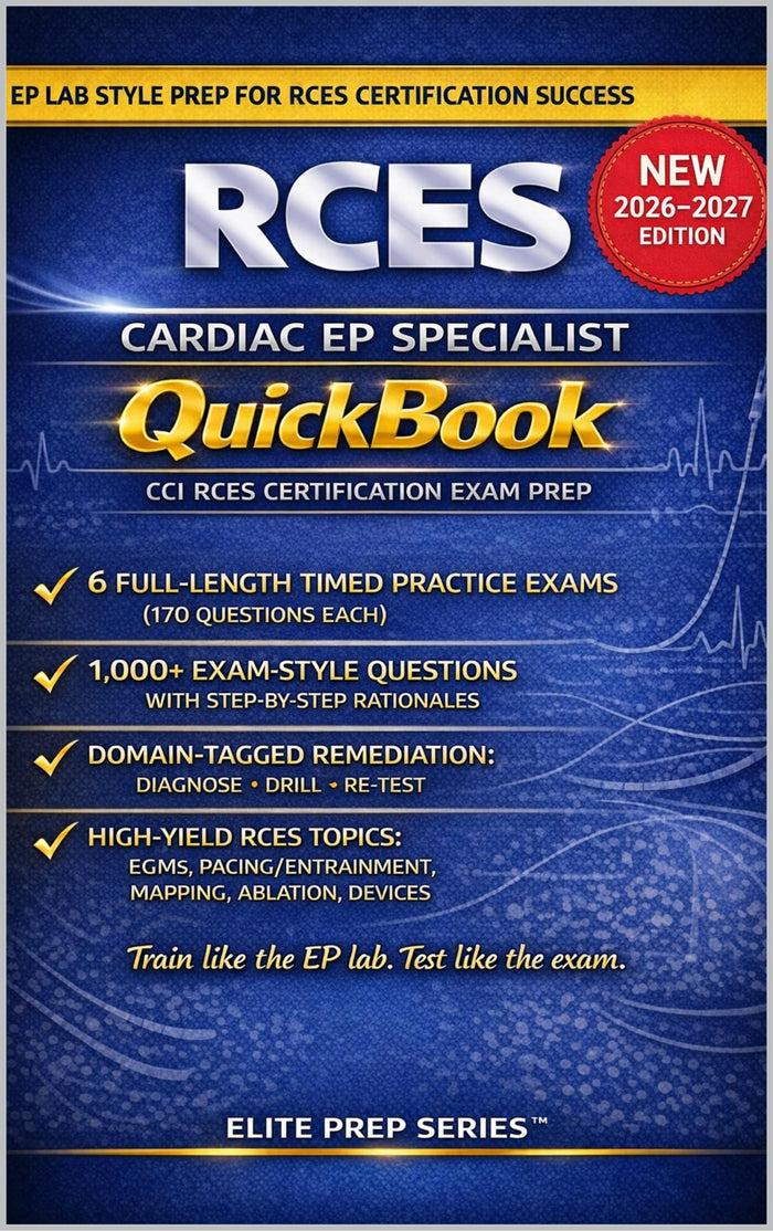RCES CARDIAC EP SPECIALIST QUICKBOOK: SIX FULL-LENGTH PRACTICE EXAMS • ~1,000 EXAM-GRADE QUESTIONS • DETAILED KEYS WITH CRASH-COURSE RATIONALES • BLUEPRINT- ALIGNED COVERAGE OF ELECTROGRAM